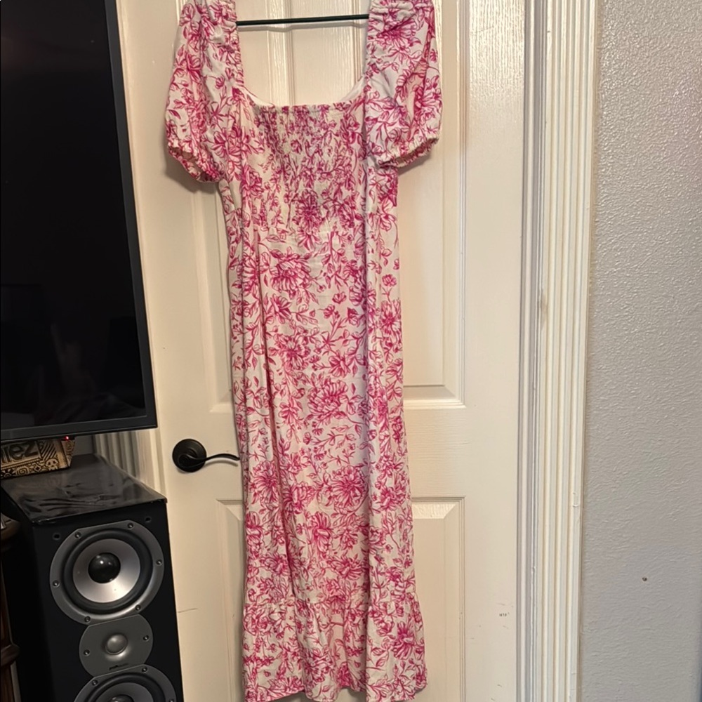 Pink and White Smocked Sundress with Puff Sleeves